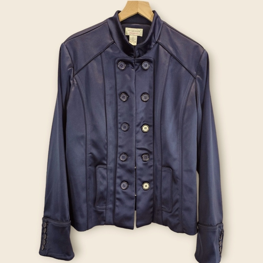 Victor Costa Women’s Double Breasted Cropped Navy Blue Evening Jacket Sz XS